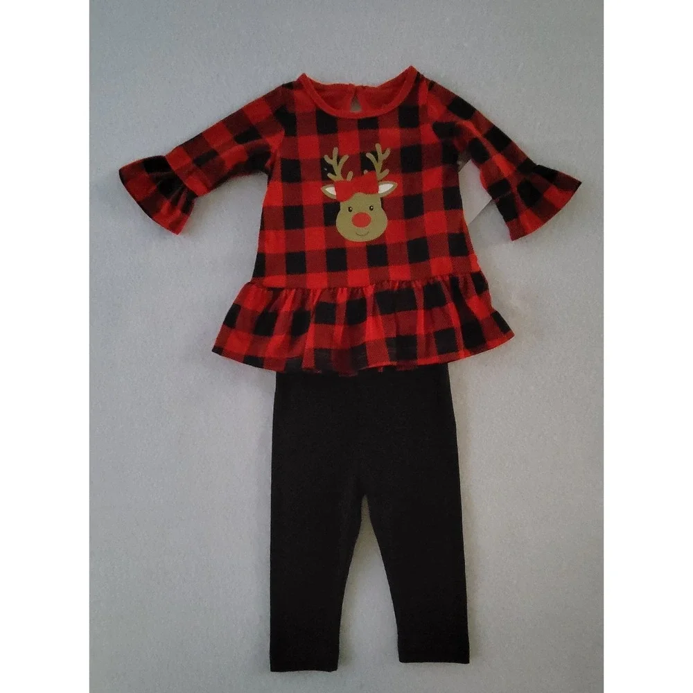 Planet‎ Cotton Girls Reindeer Top & Pants 2 Pc Apparel Set NB Red/Black